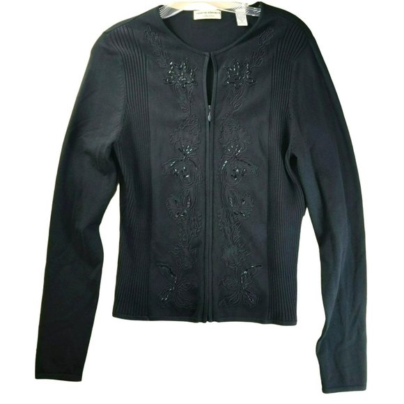Valerie Stevens Collection Women's M Black Silk Blend Front Zip Beaded Cardigan - Picture 1 of 15